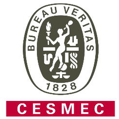 Logotipo de certificación Bureau Veritas, emblema verde oliva, figura blanca, texto CESMEC rojo.