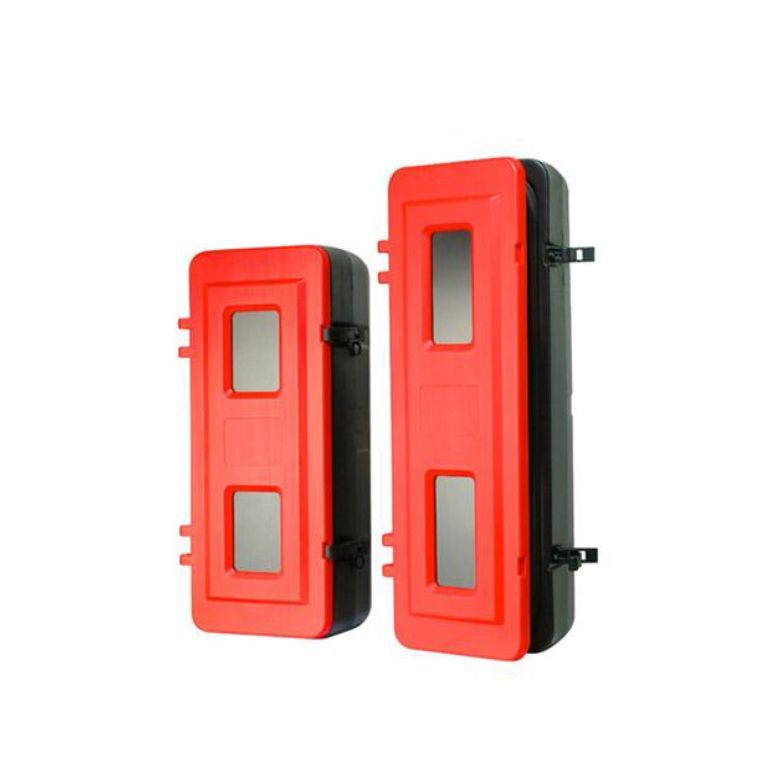 Dos gabinetes para extintores de incendios rectangulares de color rojo y negro, uno más alto que el otro.