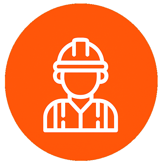 Icono de trabajador de la construcción en blanco sobre un círculo naranja.