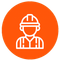 Trabajador de la construcción en contorno blanco sobre un círculo naranja.