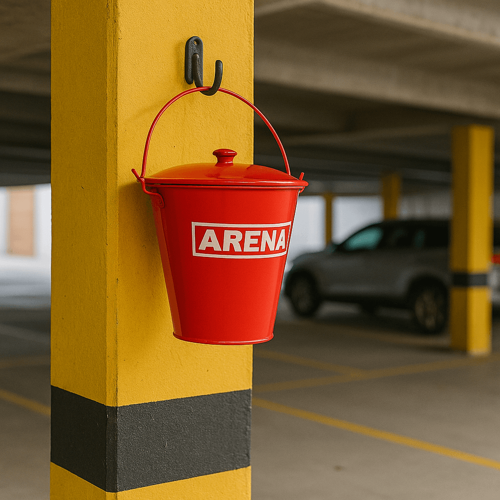 Cubo de fuego rojo colgado en un pilar amarillo con una raya negra en un estacionamiento.