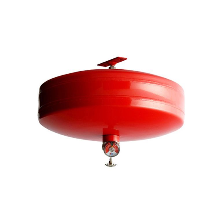 Extintor automático de incendios, de color rojo, esférico, suspendido, con manómetro visible.