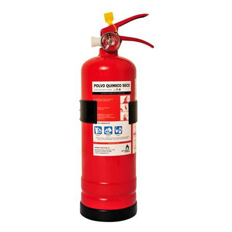 Extintor rojo con base, mango y manómetro de color negro.