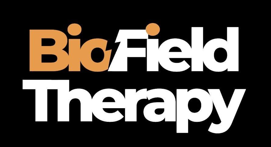 The logo for biofield therapy is orange and white on a black background.