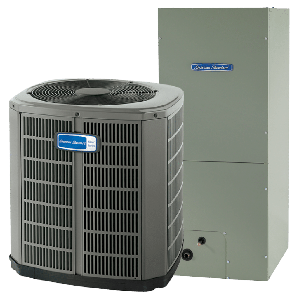 An American Standard air conditioning unit. Gray, outdoor condenser and indoor air handler.