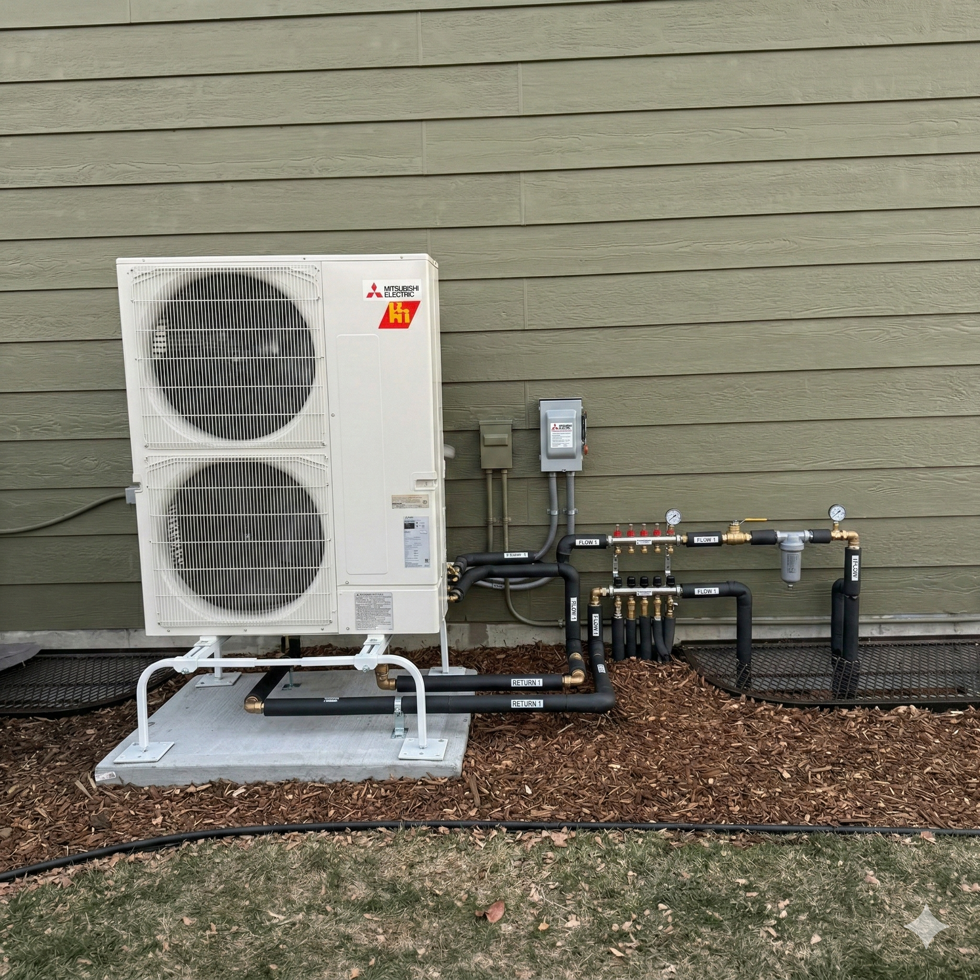 Mitsubishi heat pump unit installed outside a building.