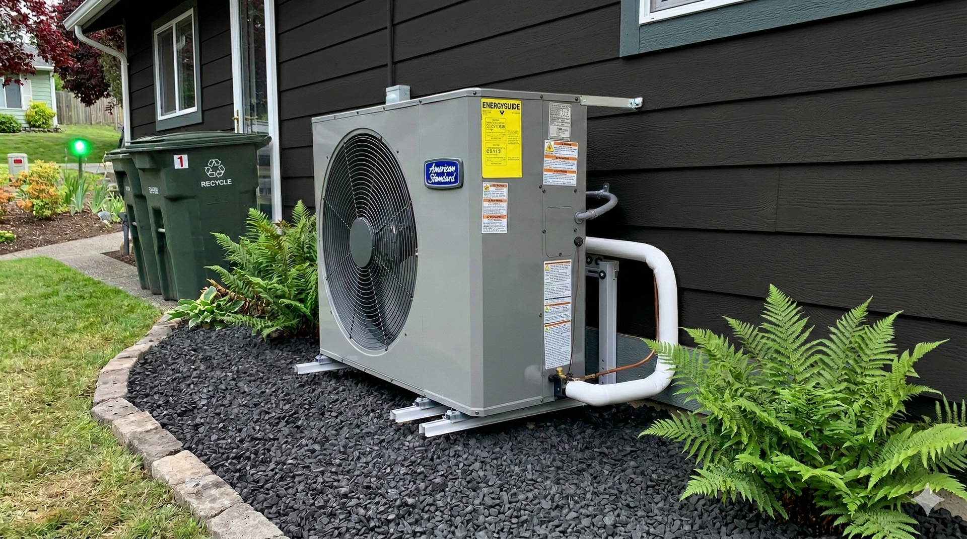 Air conditioner unit next to house, surrounded by black mulch and ferns.
