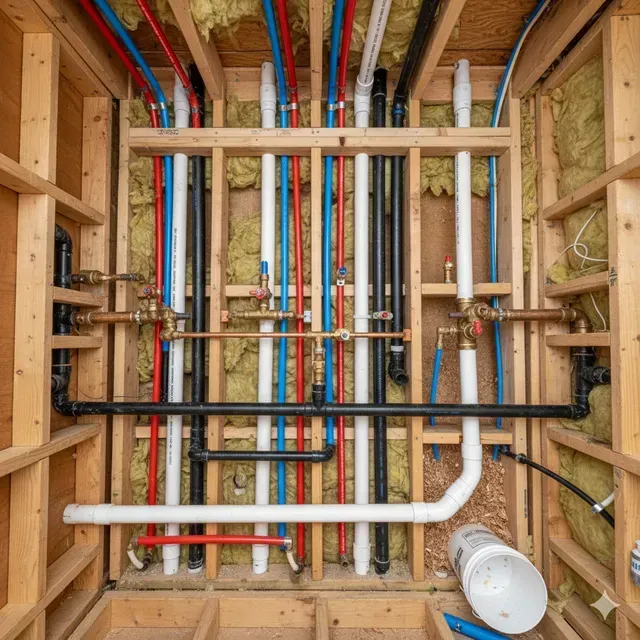 Plumbing pipes in a wood-framed wall, including red, blue, black, and white pipes, brass fittings, and insulation.