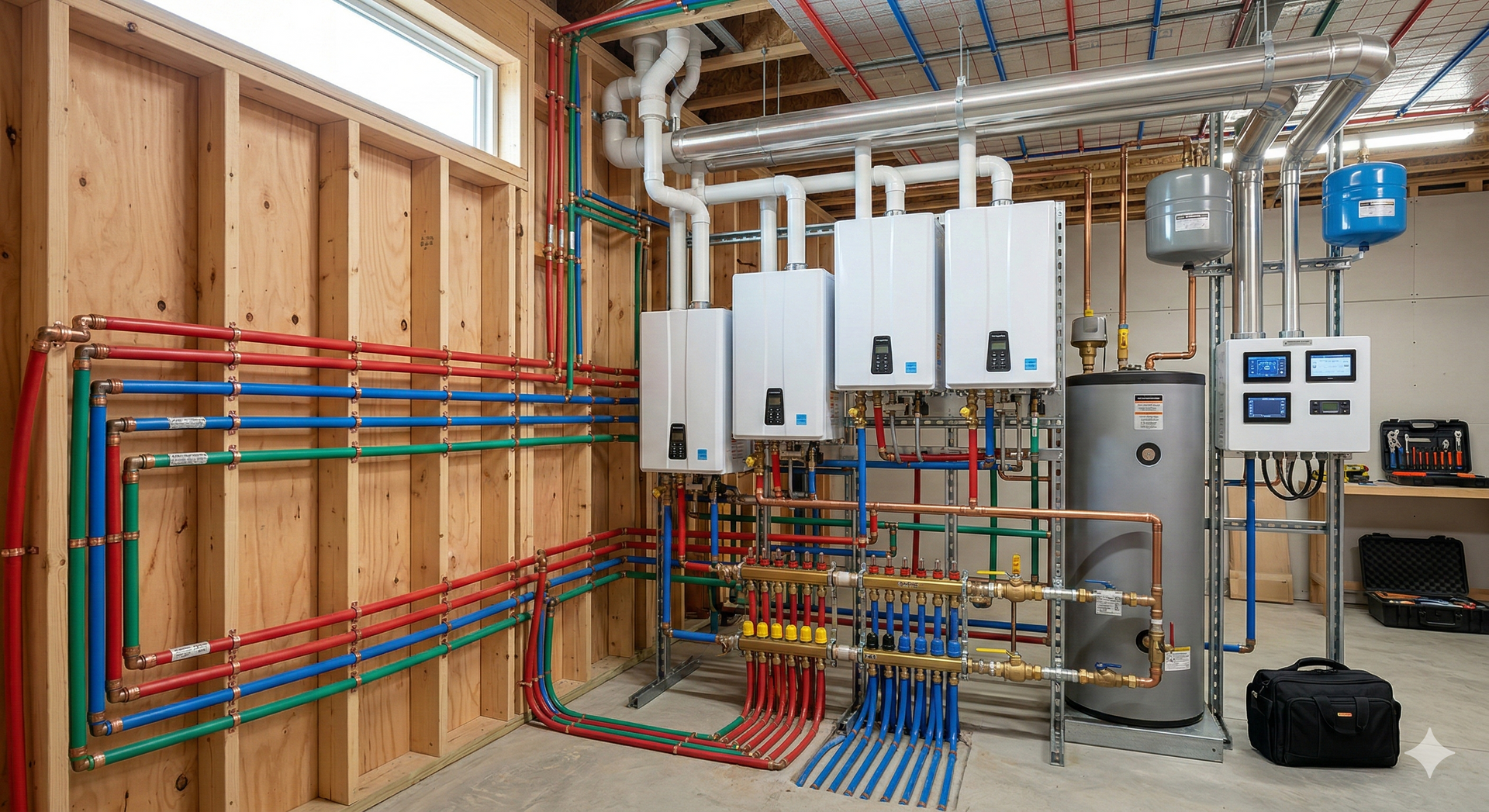 Plumbing system with red, blue, and green pipes. Wall-mounted water heaters, tank, and control panel.