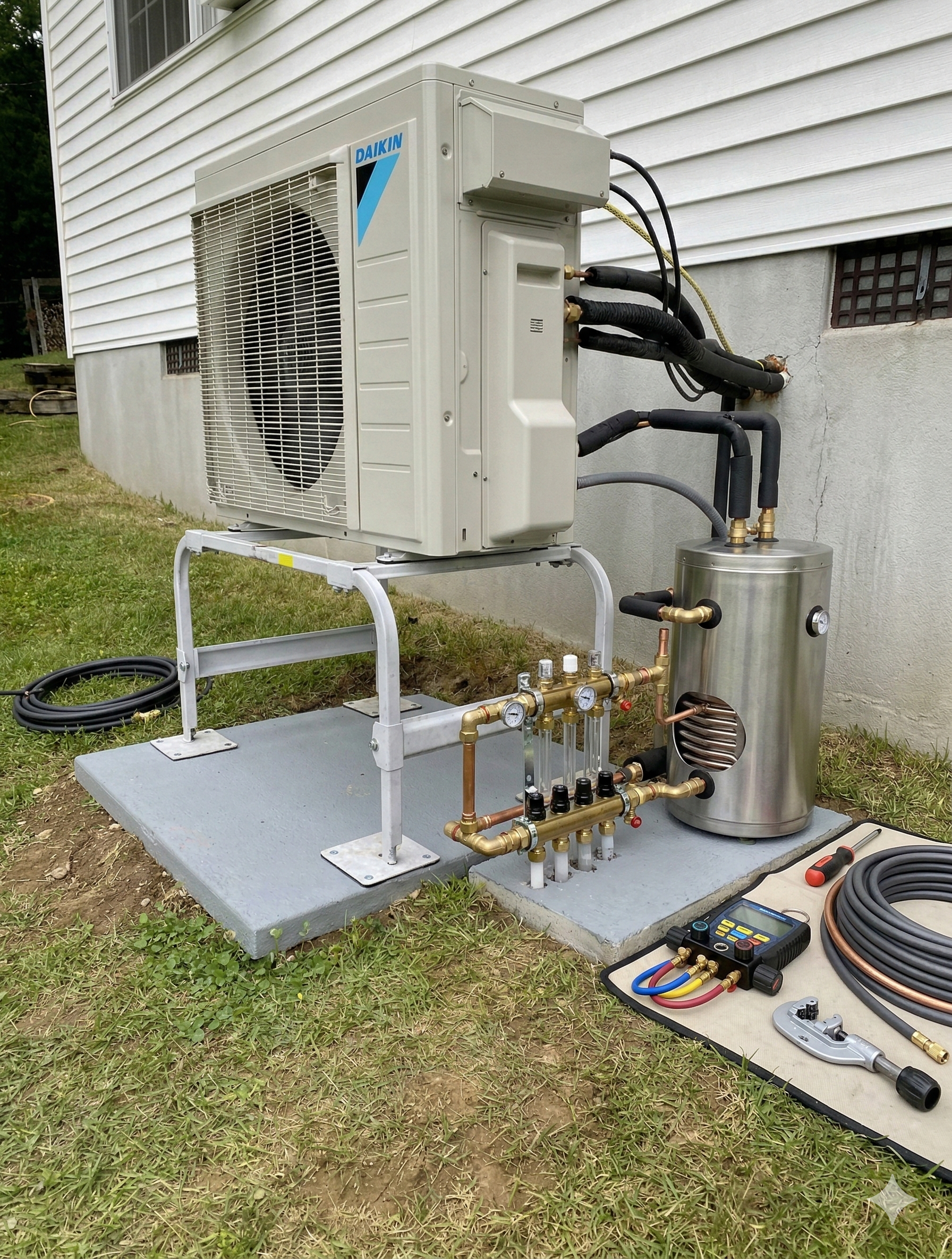 An outdoor HVAC unit installed near a white building. It has copper pipes, a silver tank, and gauges on the ground.