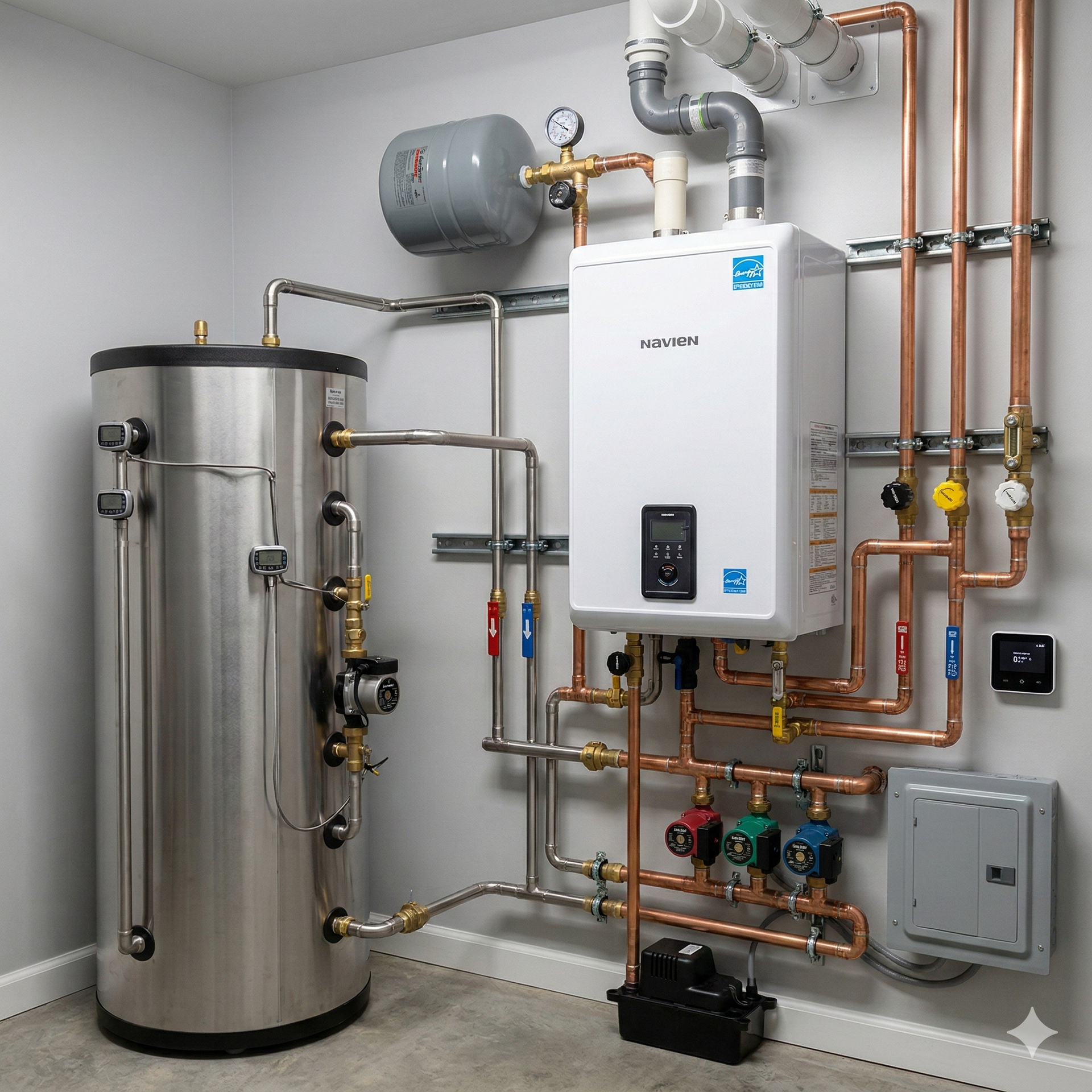 Water heater and boiler system with copper pipes and a stainless steel tank in a utility room.