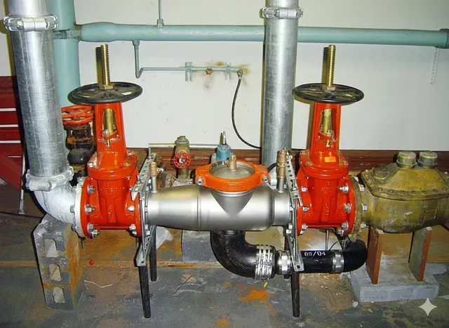 Plumbing system with orange valves, silver pipe, and black pipe in an industrial setting.