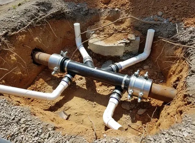 Pipes and fittings in an excavation. Black pipe connects to white PVC pipes in dirt and gravel.