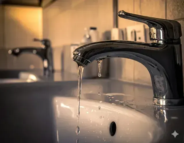 Chrome faucet dripping water into a white sink in a bathroom. Another faucet is blurred in the background.