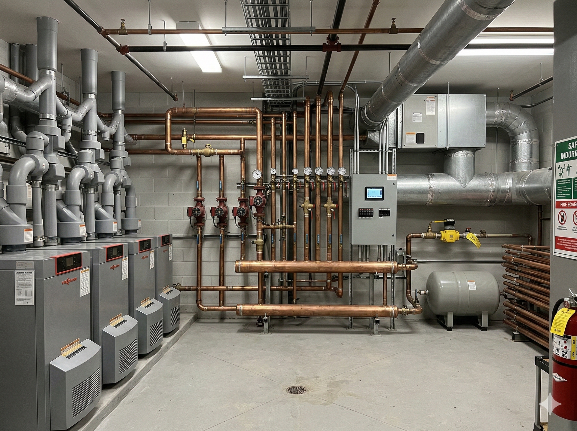 HVAC equipment room with pipes, tanks, and control panel. Gray and copper tones.