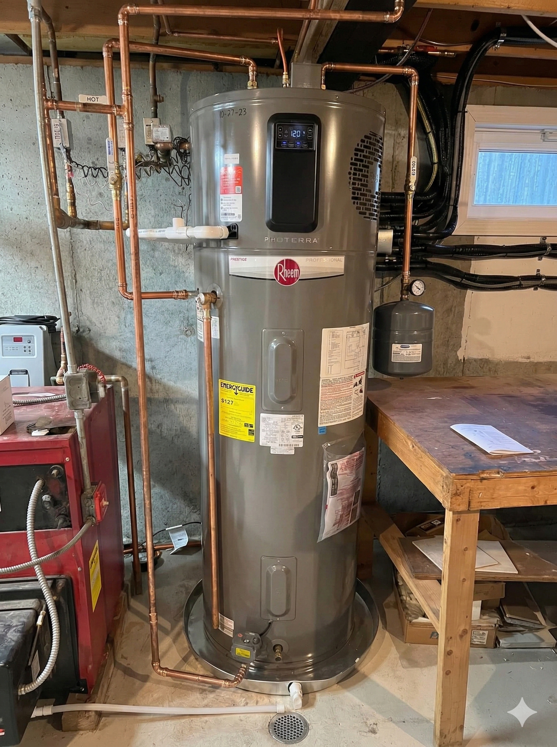 A tall, gray Rheem water heater in a basement. Copper pipes and gas meter attached, with a nearby workbench.