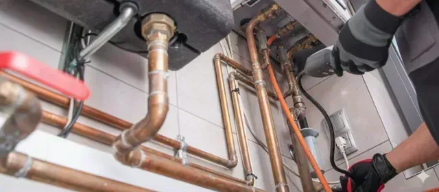 A plumber wearing gloves is working on copper pipes connected to a boiler in a white-tiled room.