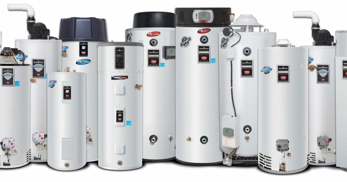 Row of white water heaters.