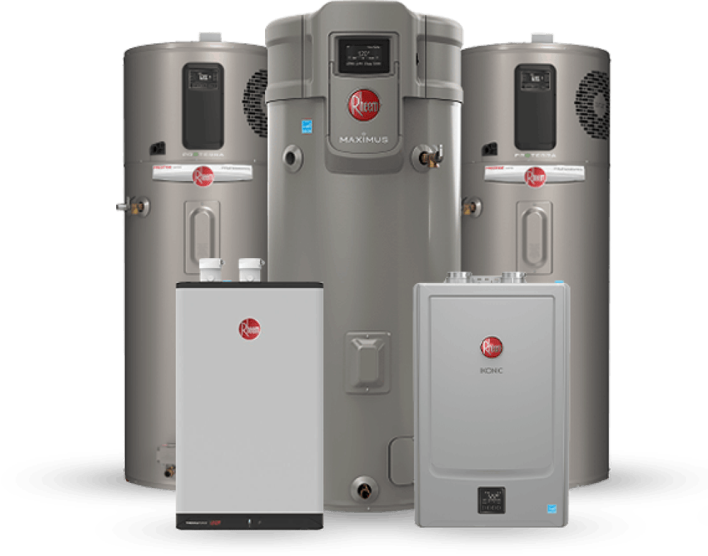 Rheem water heaters: multiple tank and tankless models in a product lineup.
