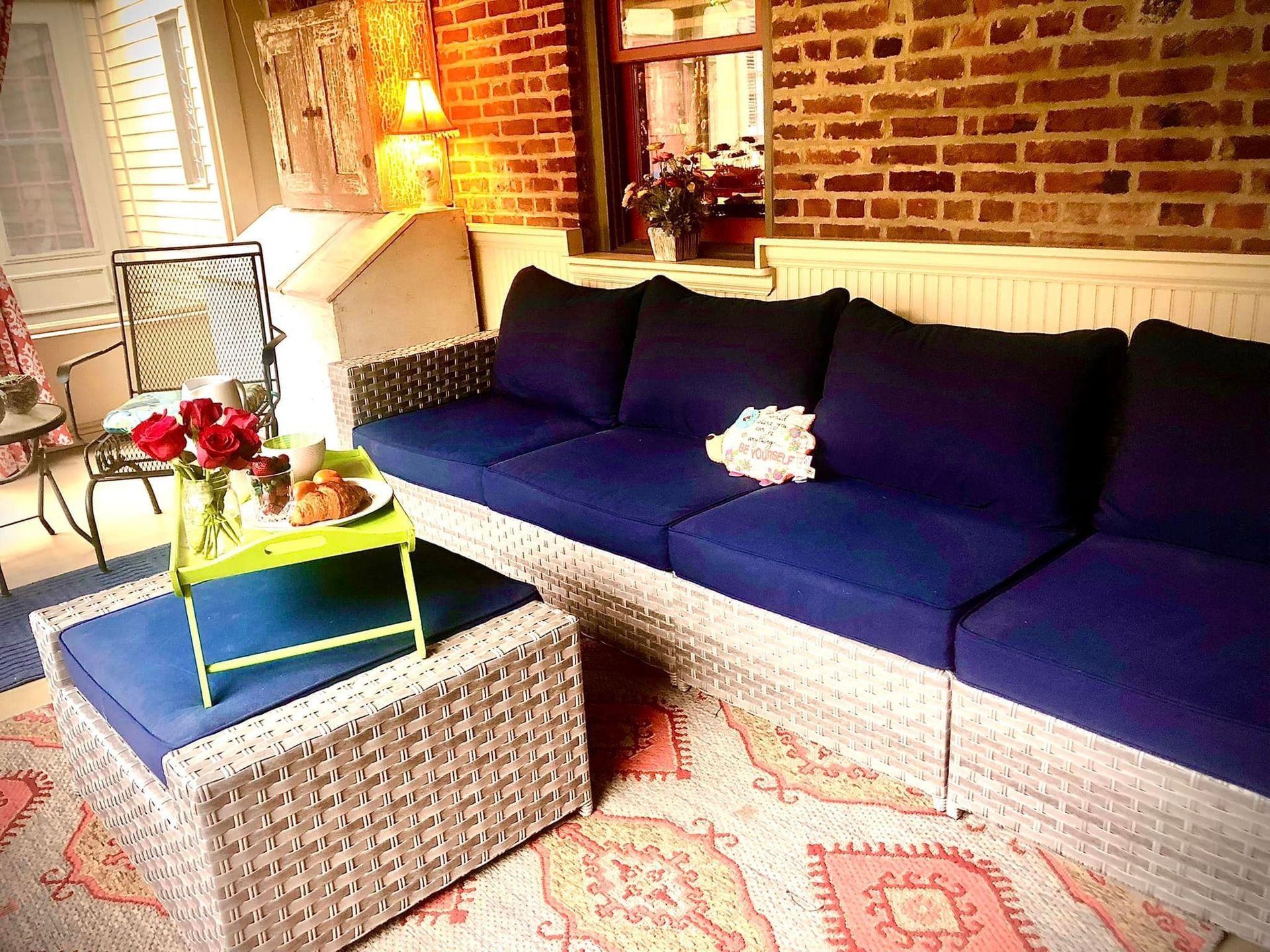 A living room with a couch and a coffee table