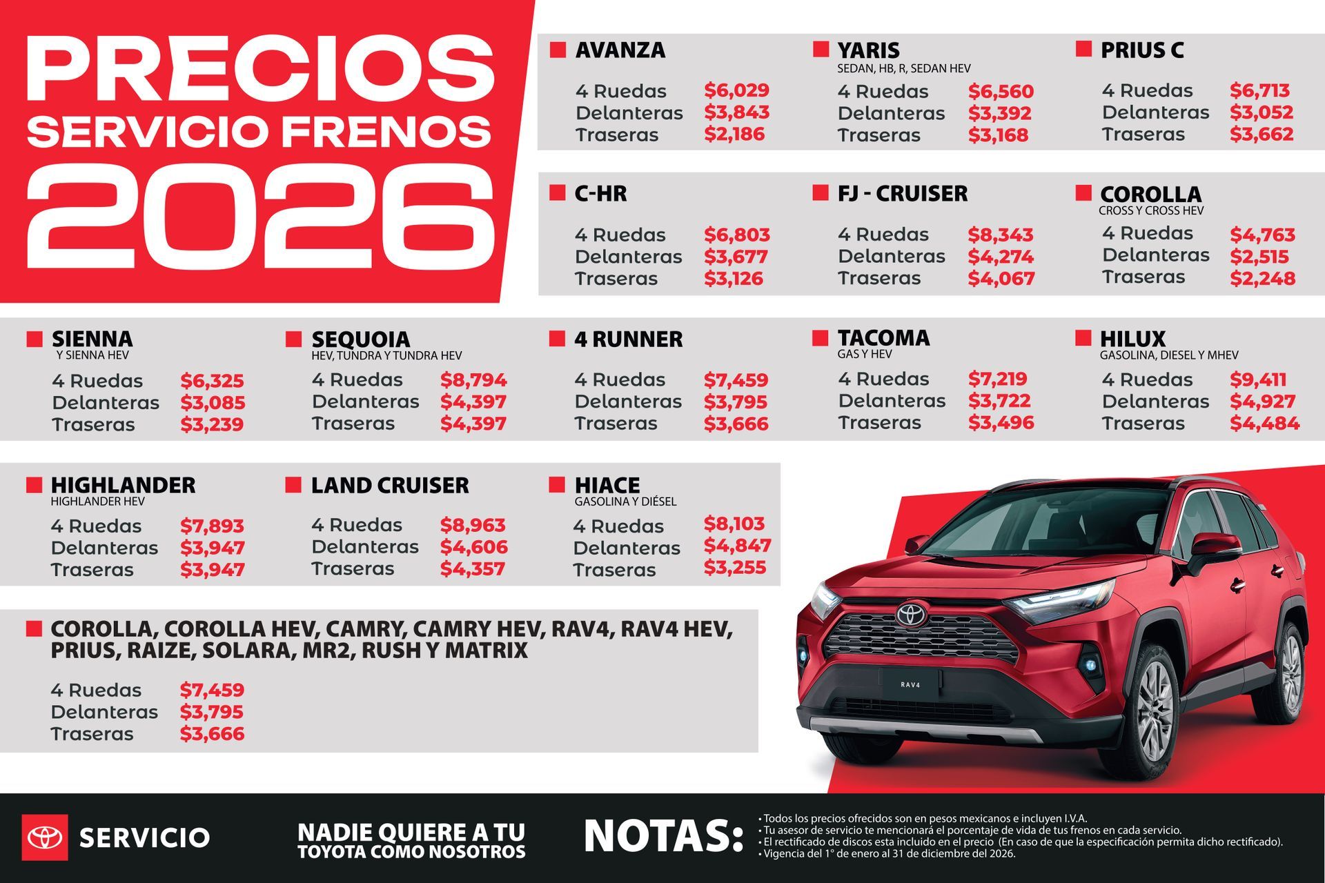 Lista de preços para serviços de freio em 2026. Inclui preços para modelos Toyota e um RAV4 vermelho.