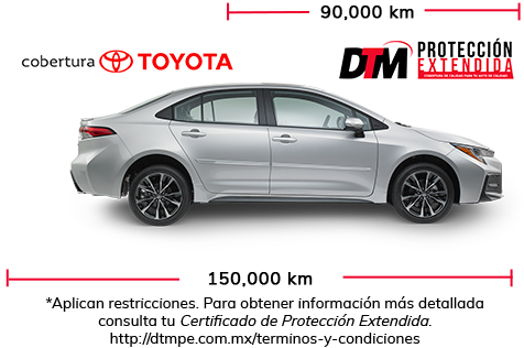 Toyota Corolla prata com cobertura de proteção estendida até 150.000 km, indicada por texto e logotipo.