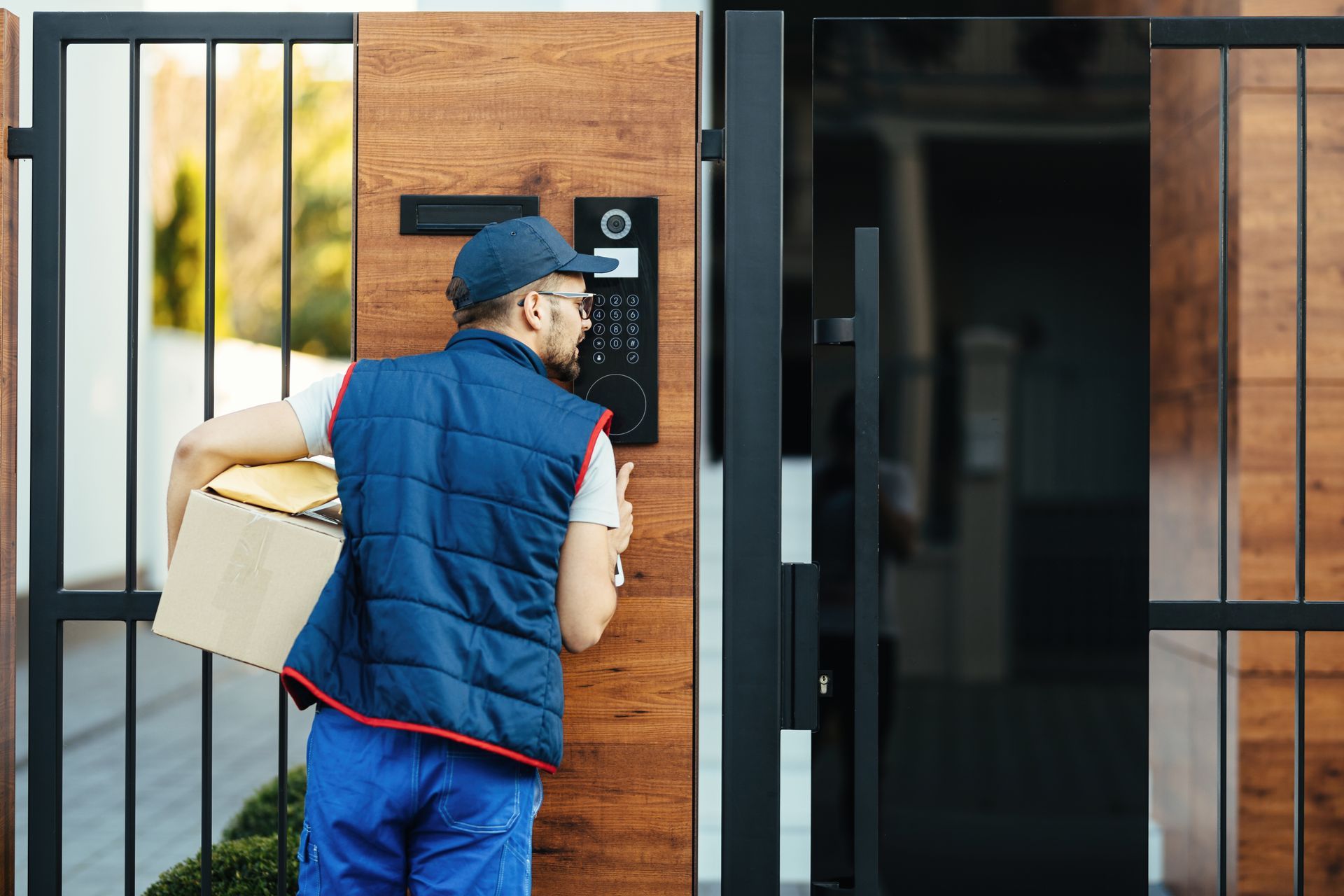 delivery man standing outside a door with security system