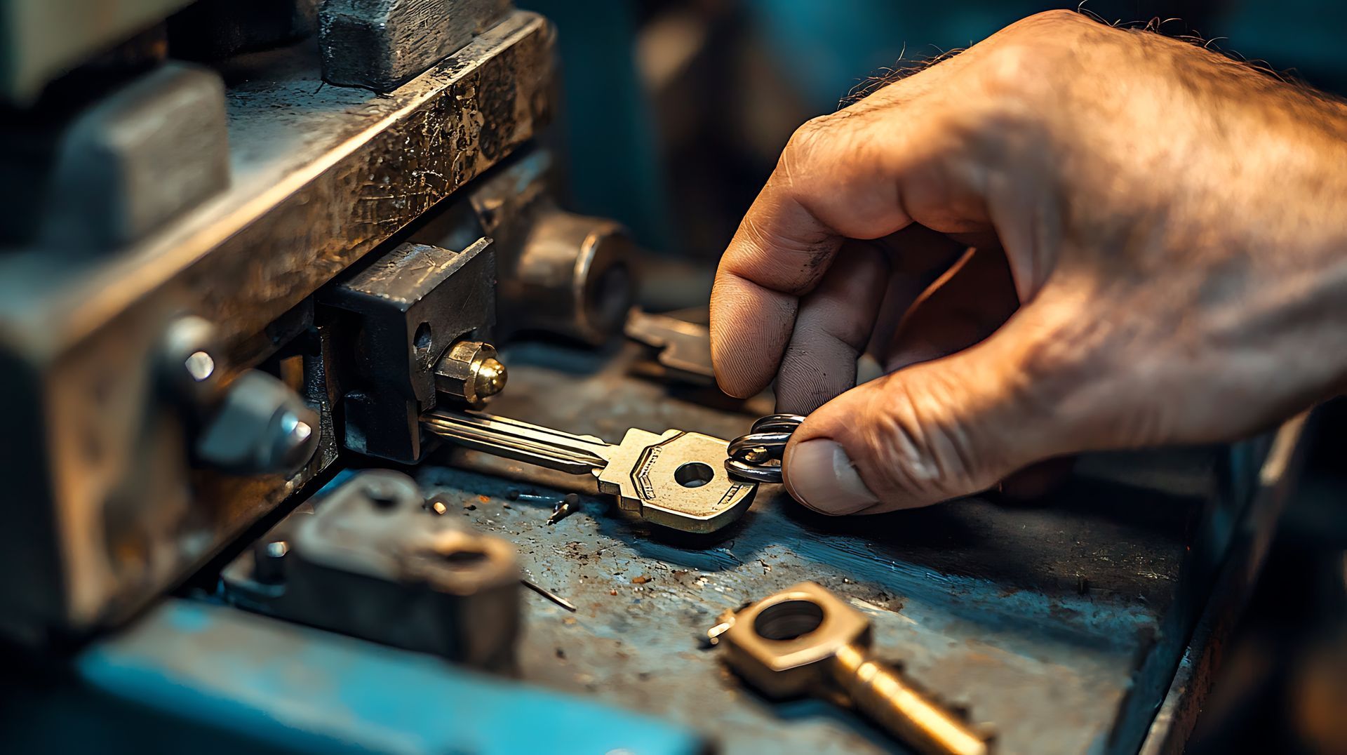 Hand using a key cutting machine to duplicate a metal key in a workshop.