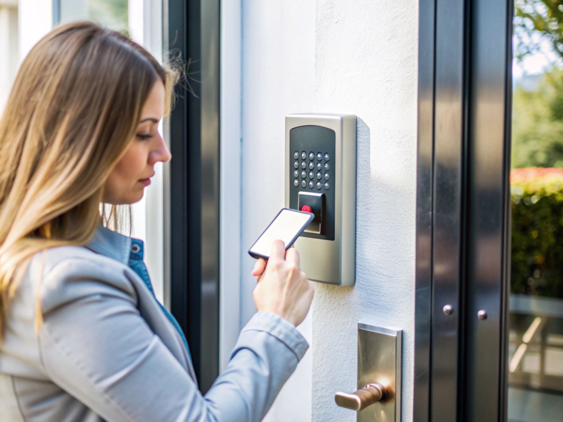 A woman is using a smart phone to open a door.