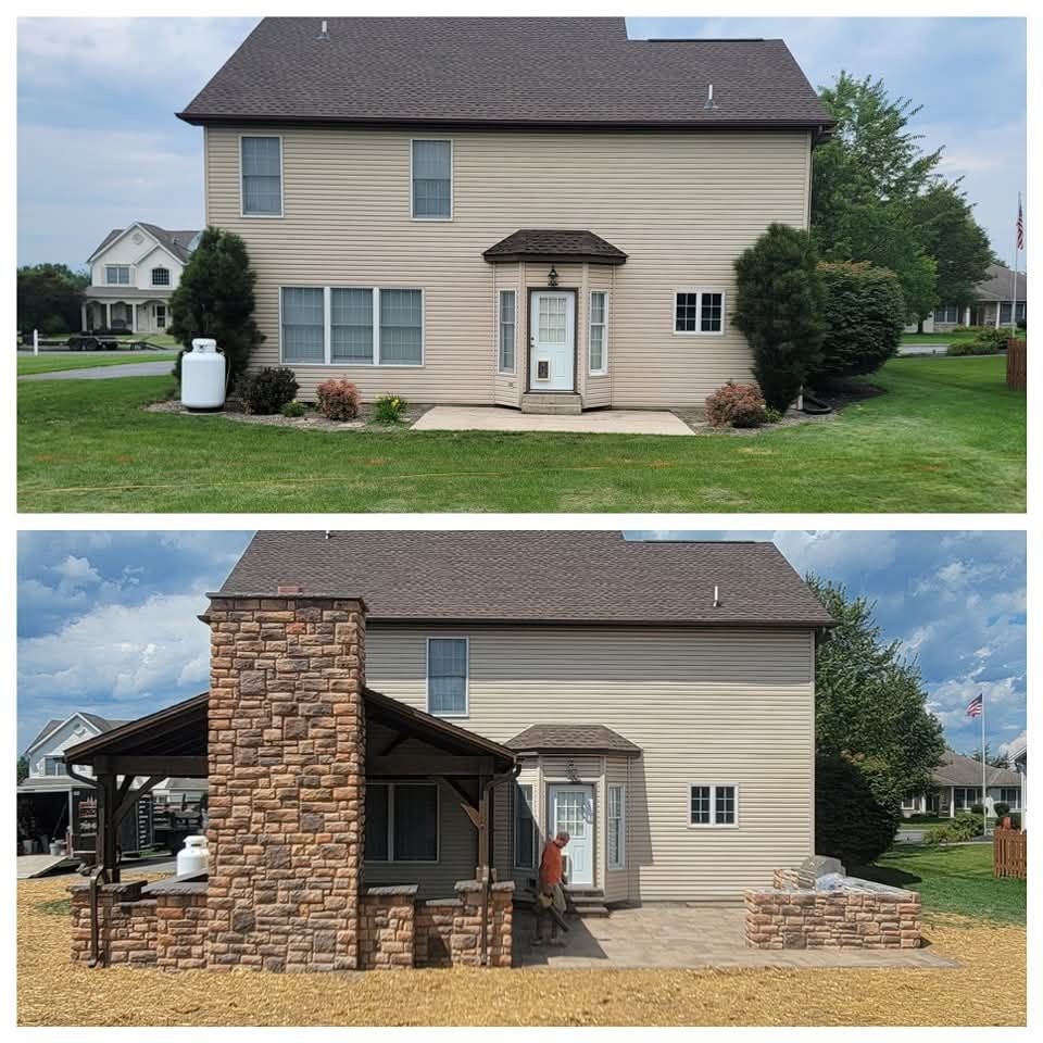 Jesse James Hardscaping - Before and after of a two-story house with tan siding, brick patio, and stone chimney.