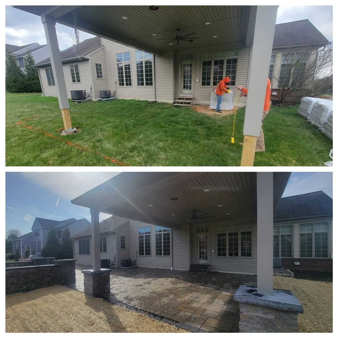 Jesse James Hardscaping - Top: Backyard with worker under patio, before paving. Bottom: Finished paved patio with wall.