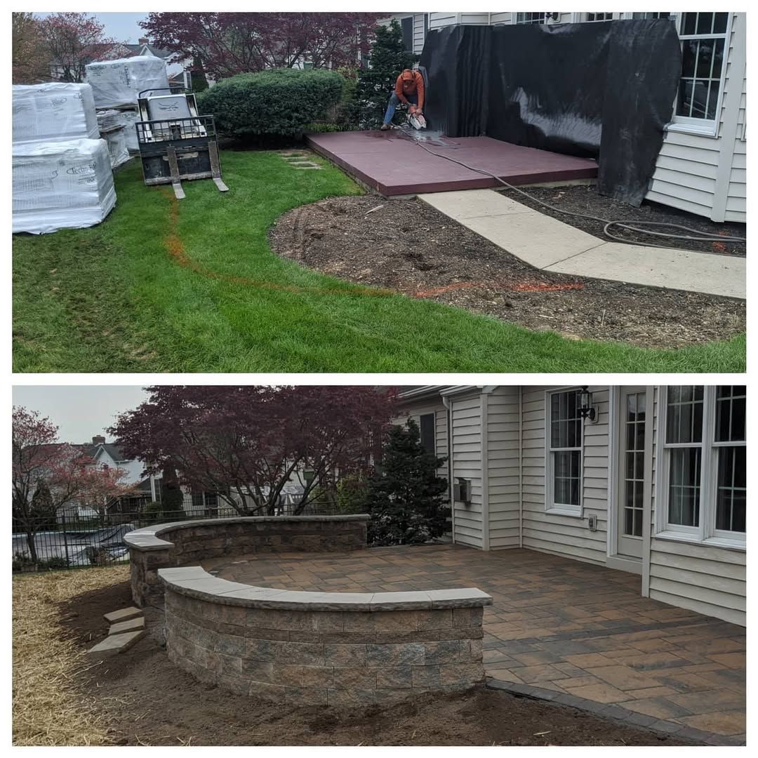 Jesse James Hardscaping - Construction of a patio, with a worker cutting materials. Completed patio with curved retaining wall and paved surface.