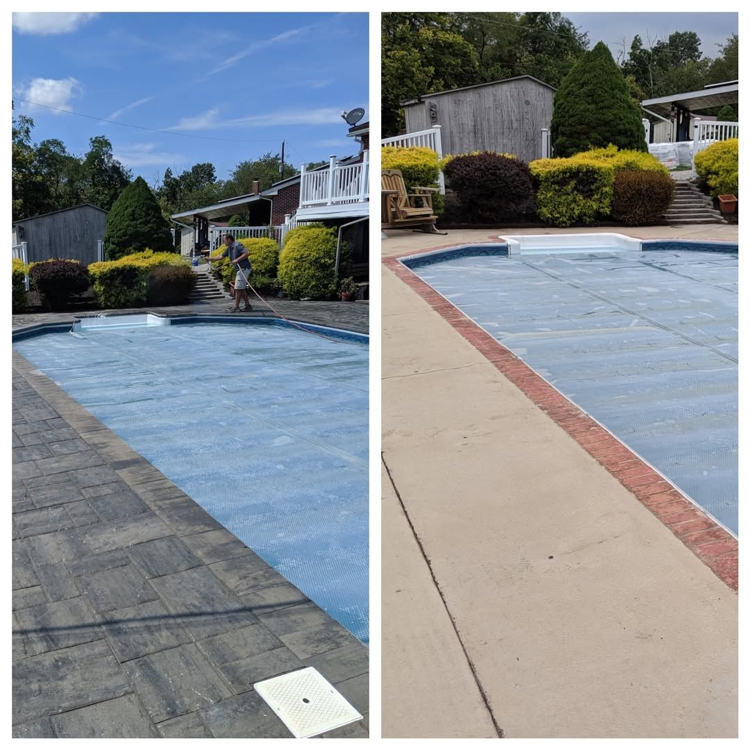 Jesse James Landscaping - Two photos: a pool with a blue cover, surrounded by a patio. One photo is a wider shot of the pool, one photo a close up.