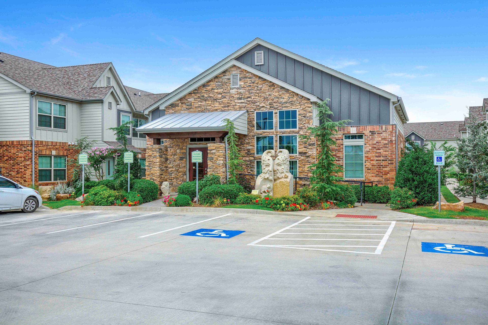 clubhouse exterior and parking spot
