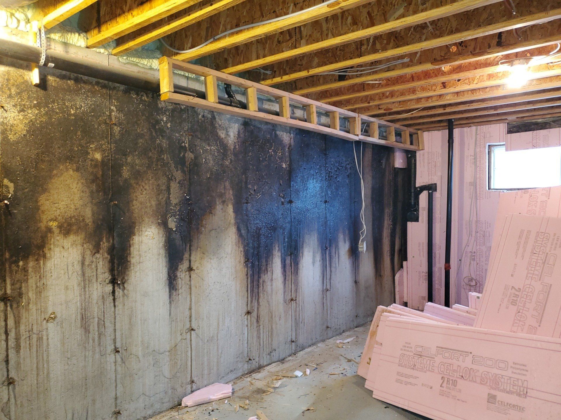 Mur de sous-sol avec teinture foncée, plafond non fini et isolation en mousse rose.