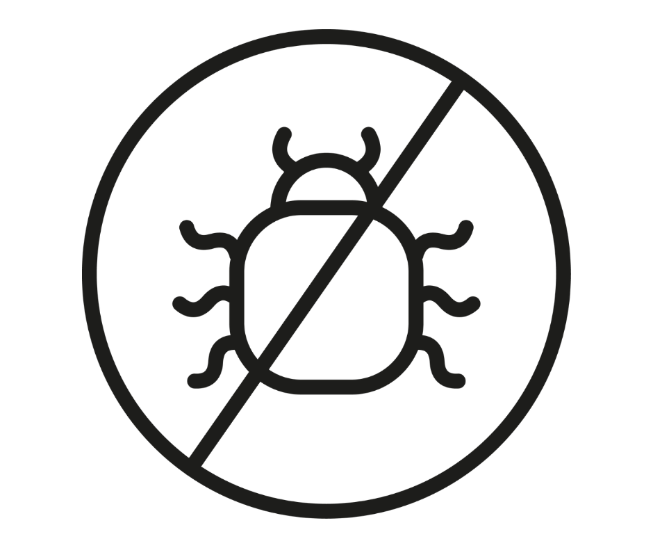 Bug inside a circle with a diagonal slash, indicating no insects.