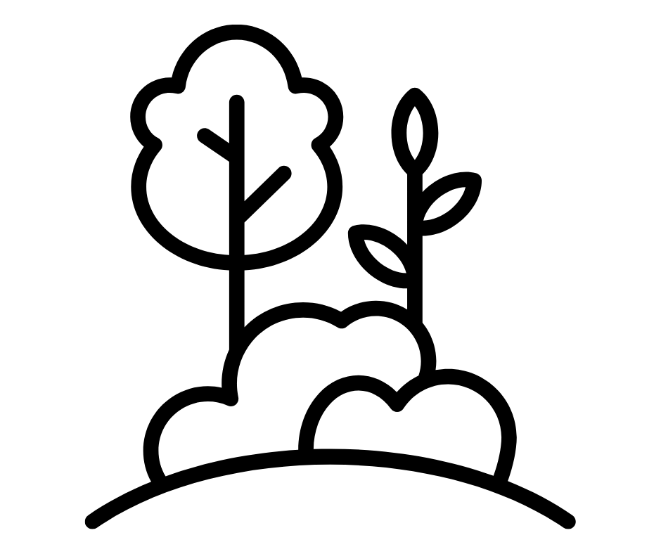Simple black line icon of a tree, sapling, and bushes on a curved hill.