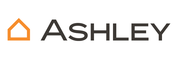 The logo for ashley is orange and black and has a house on it.