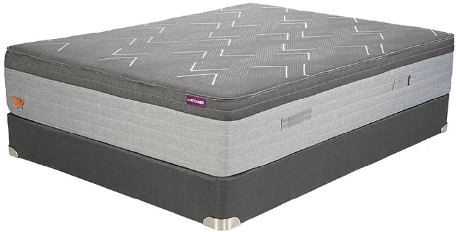 Gray and silver mattress with a geometric patterned top, resting on a dark gray foundation.
