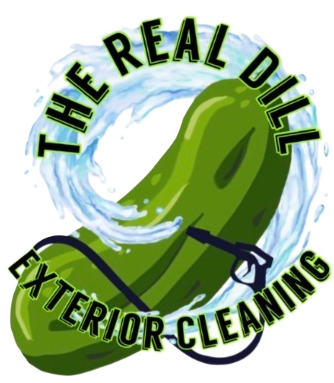 Logo for The Real Dill Exterior Cleaning with a green pickle and blue water swirl