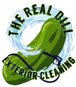 Logo for The Real Dill Exterior Cleaning with a green pickle and blue water swirl