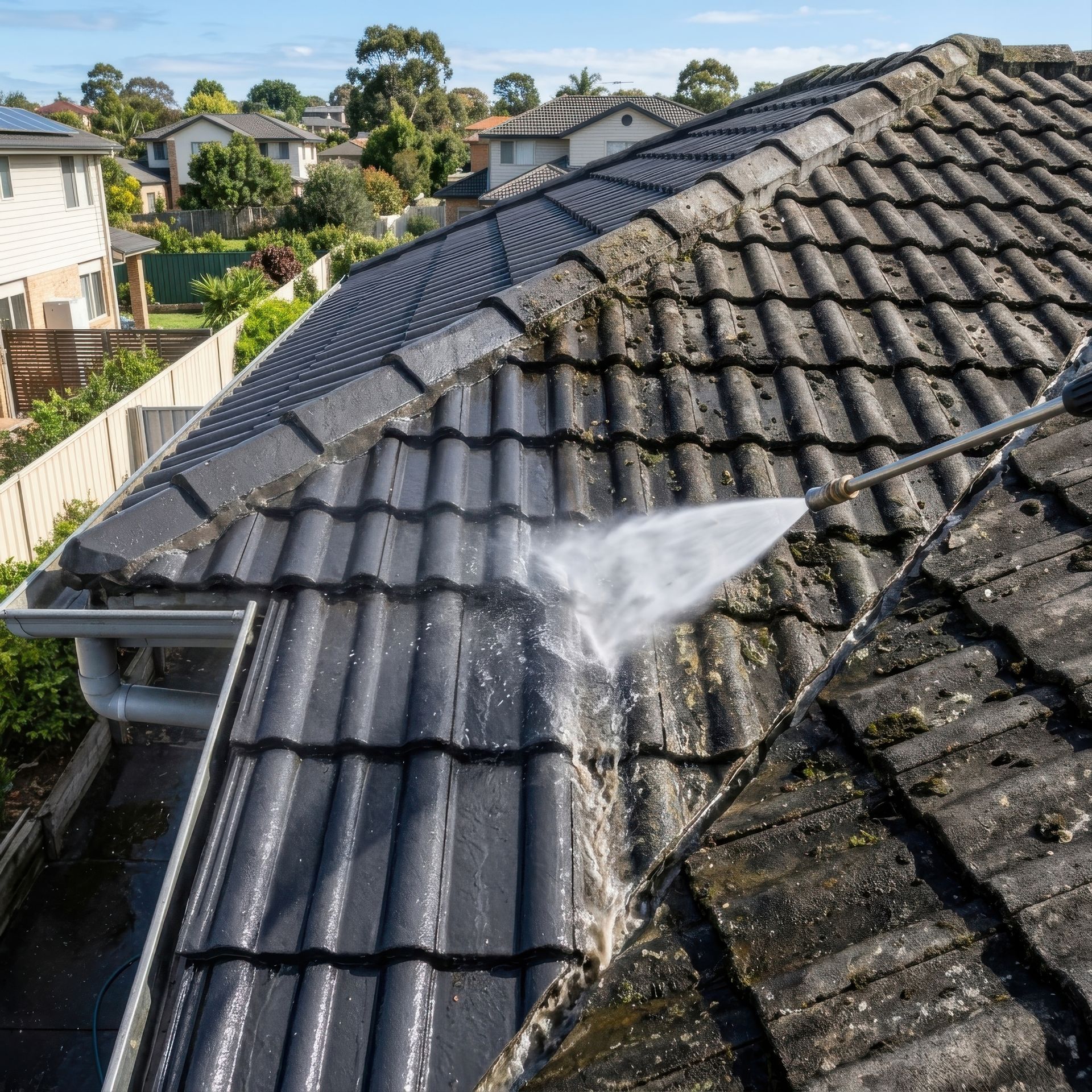 Person pressure-washing a gray tiled roof in a suburban neighborhood