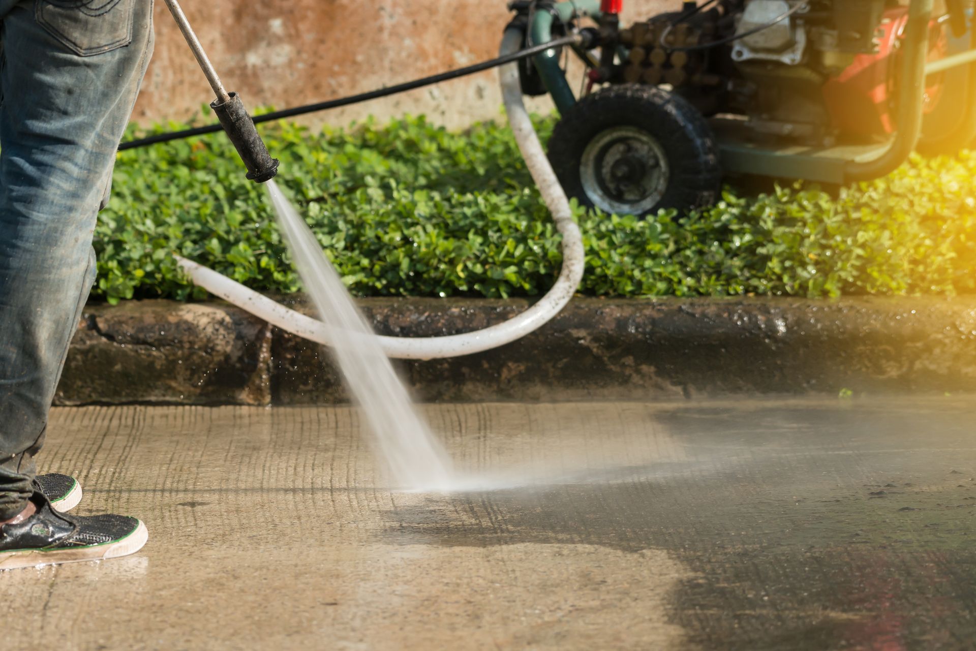 Person pressure washing a concrete driveway beside green shrubs and a utility cart