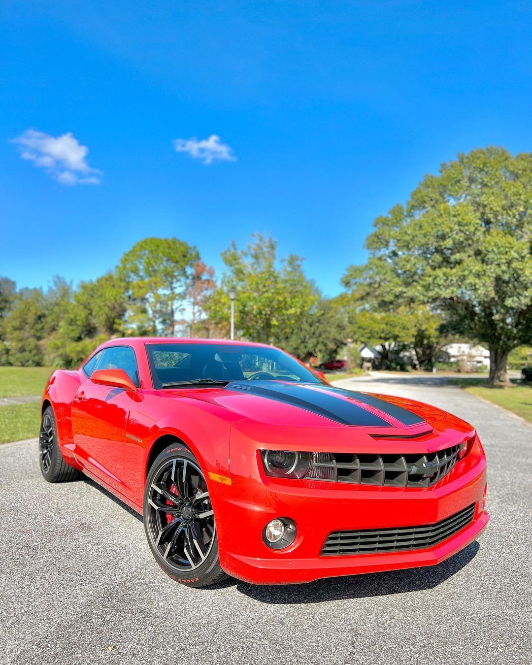 A red chevrolet camaro is parked on the side of the road.