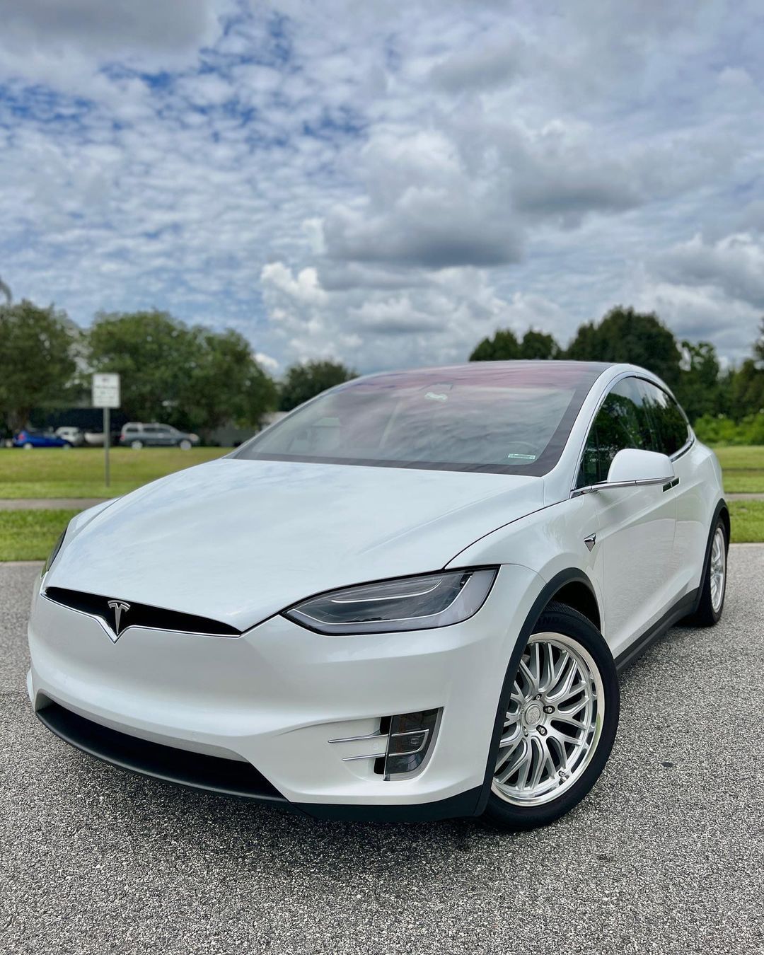 A white tesla model x is parked on the side of the road.