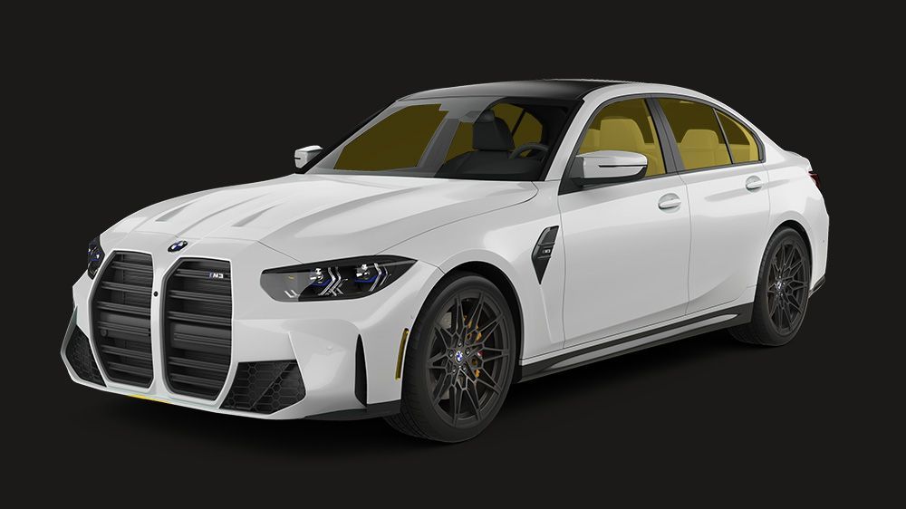 A white bmw m3 is shown on a black background.