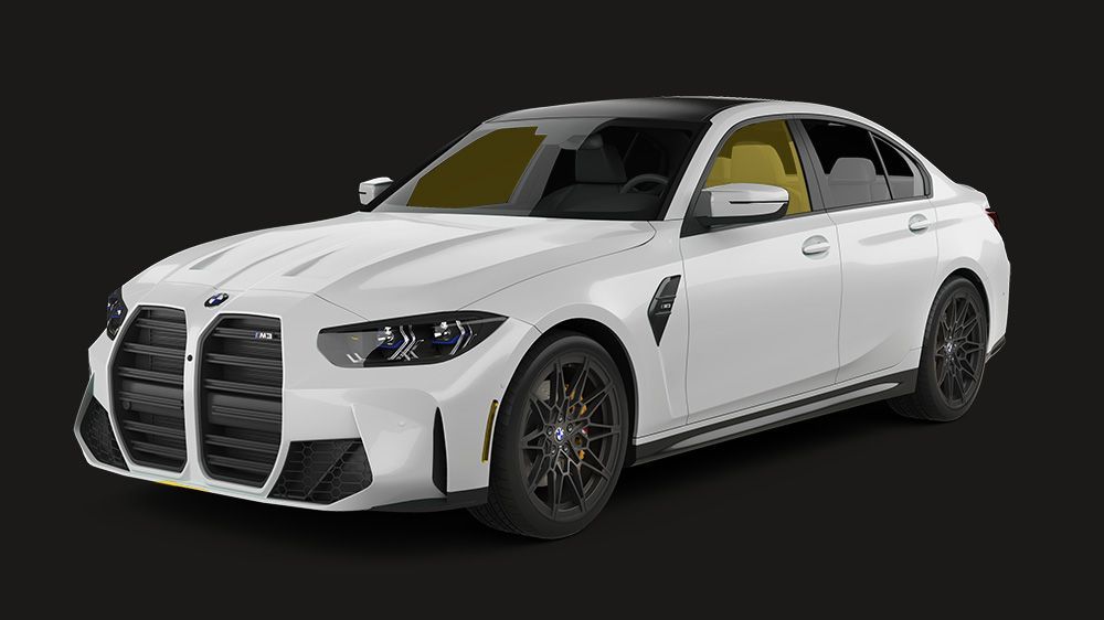 A white bmw m3 is on a black background.