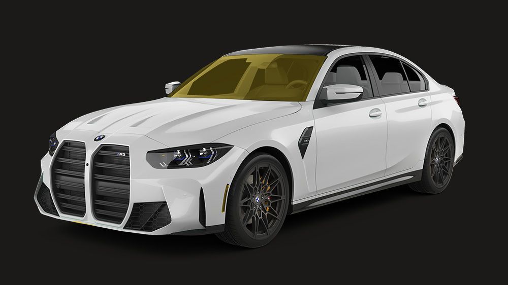 A white bmw m3 with a yellow windshield protector on a black background.