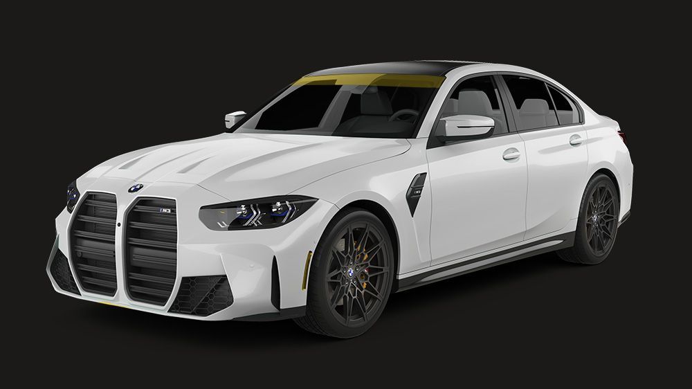 A white bmw m3 is shown on a black background.