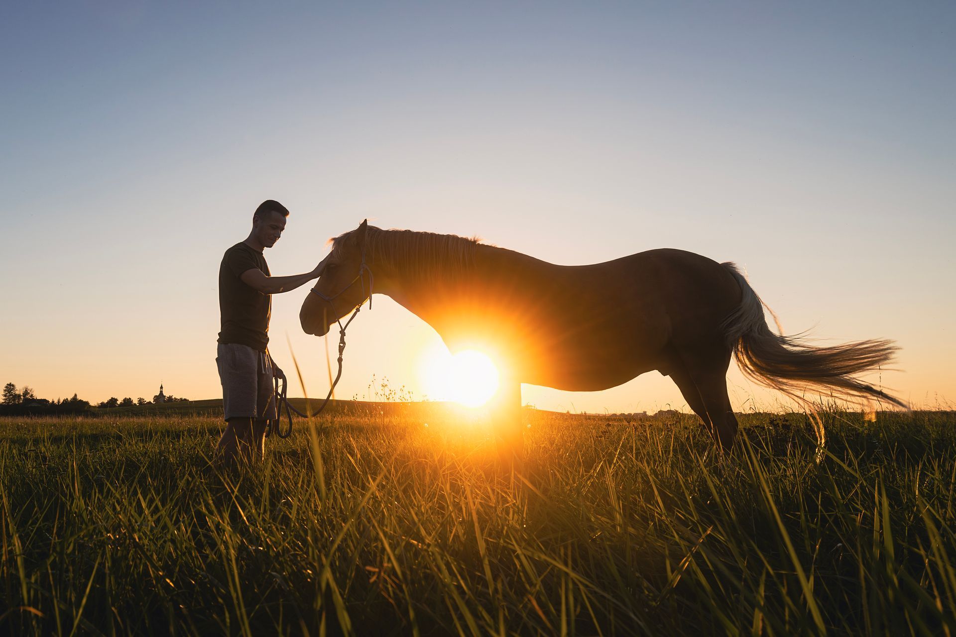 A woman is kneeling down next to a horse in a stable.